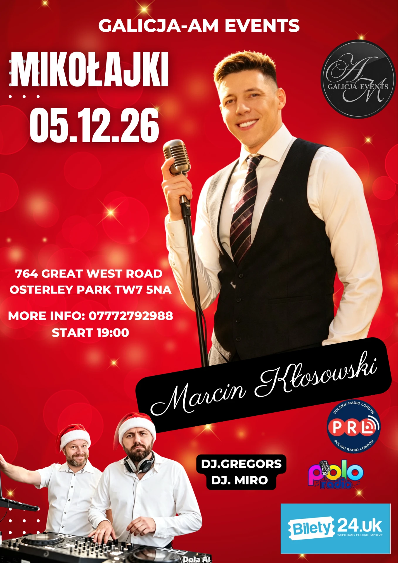 Plakat mikołajkowej zabawy z Marcinem Kłosowskim — 5 grudnia 2026, 764 Great West Road, Osterley Park; DJ Gregors i DJ Miro